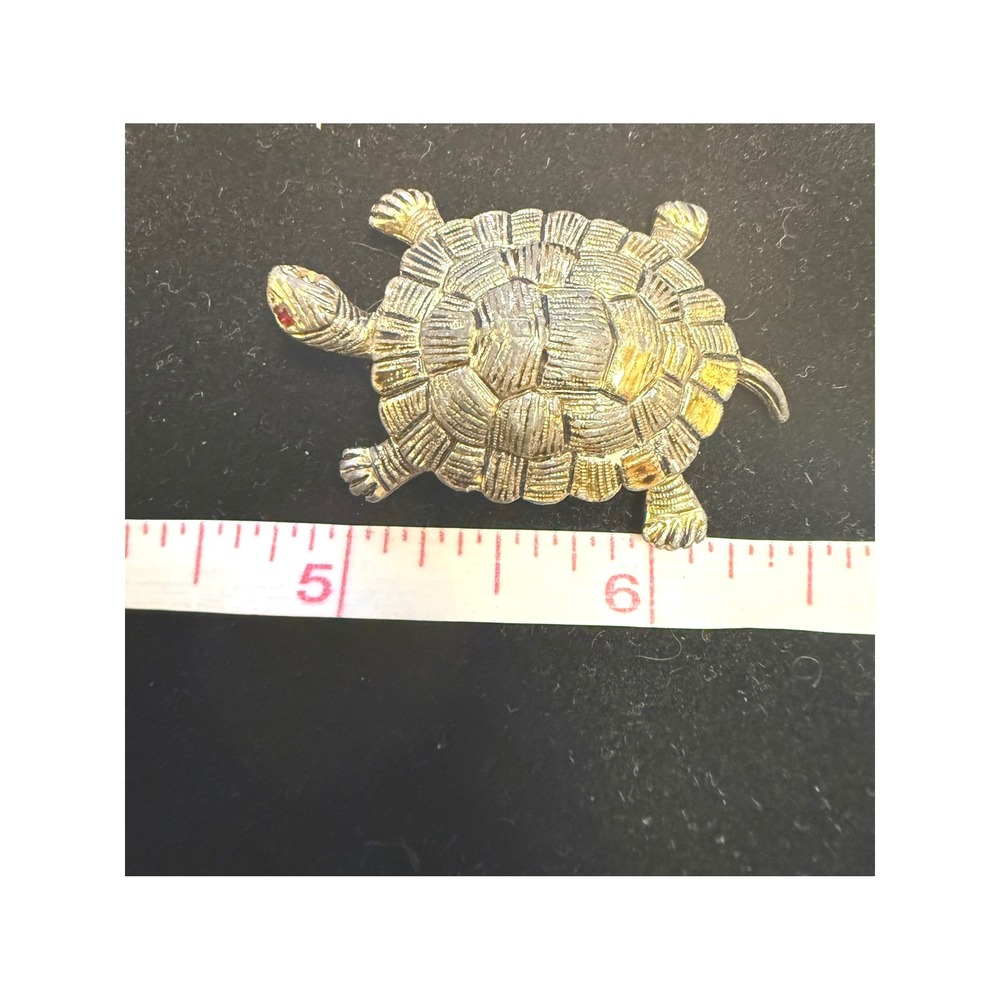 Vintage Gerrys Turtle Brooch Two Tone Gold Silver Textured Red Eye Figural Pin
